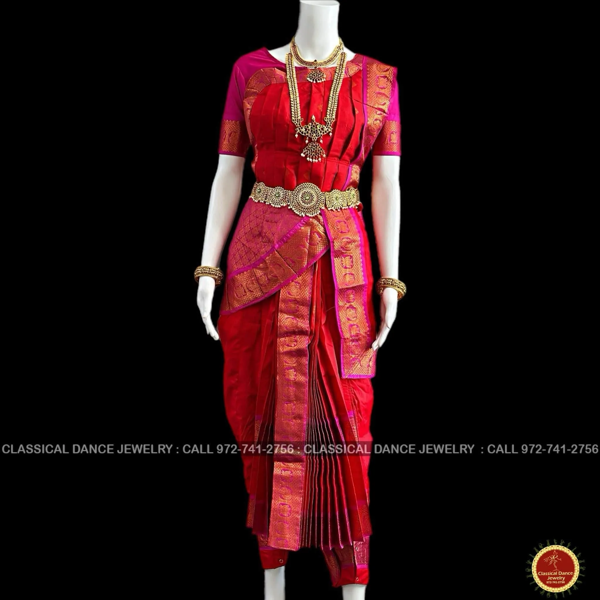 RED PINK 38 Inch Pant length Kuchipudi Copper Zari Indian Dance Costume | Art Silk Dharmavaram Kanchi | Classical Dance Jewelry