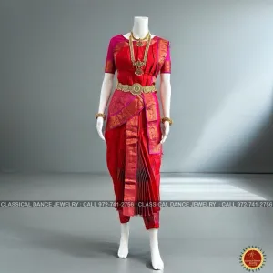 RED PINK 38 Inch Pant length Kuchipudi Copper Zari Indian Dance Costume | Art Silk Dharmavaram Kanchi | Classical Dance Jewelry
