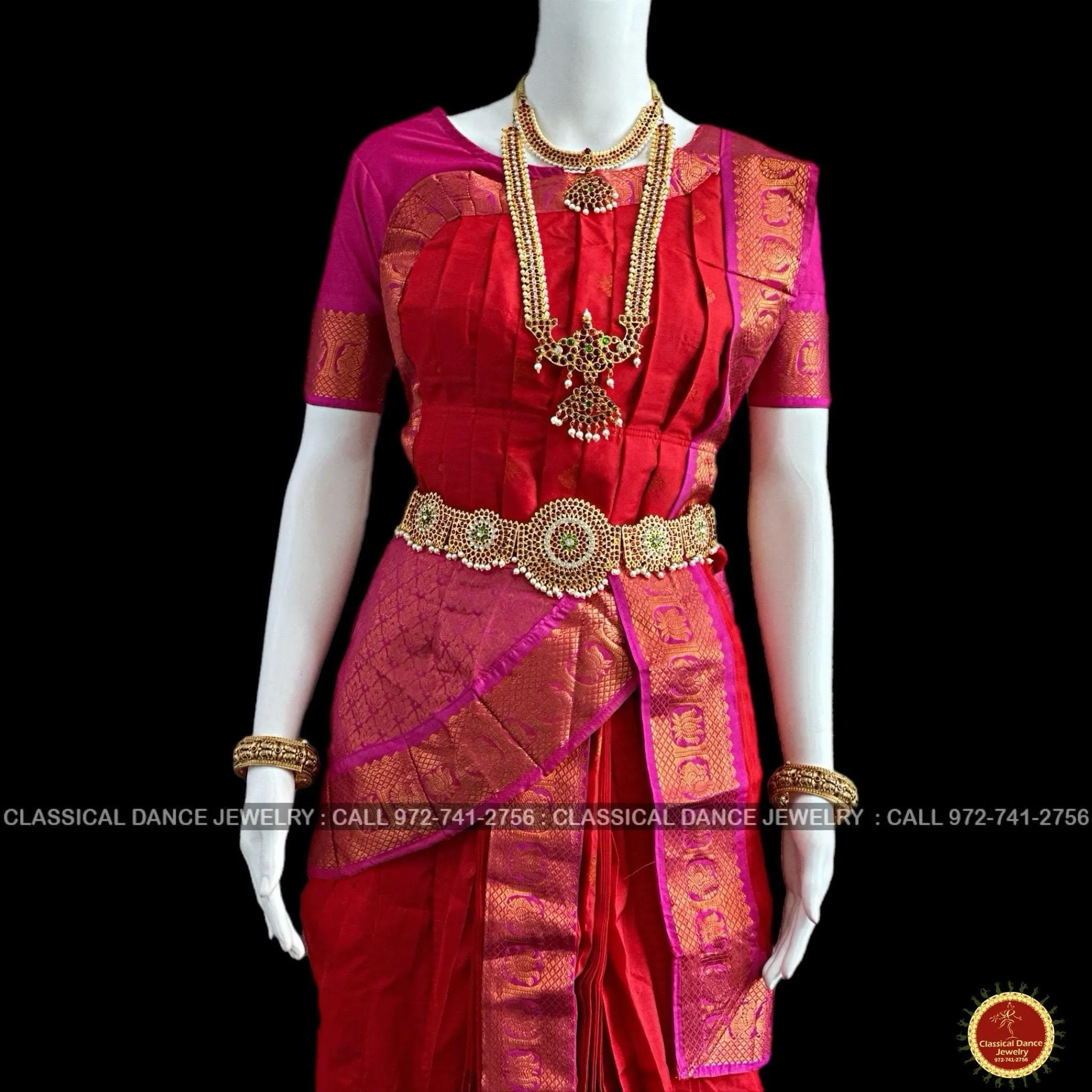 RED PINK 38 Inch Pant length Kuchipudi Copper Zari Indian Dance Costume | Art Silk Dharmavaram Kanchi | Classical Dance Jewelry