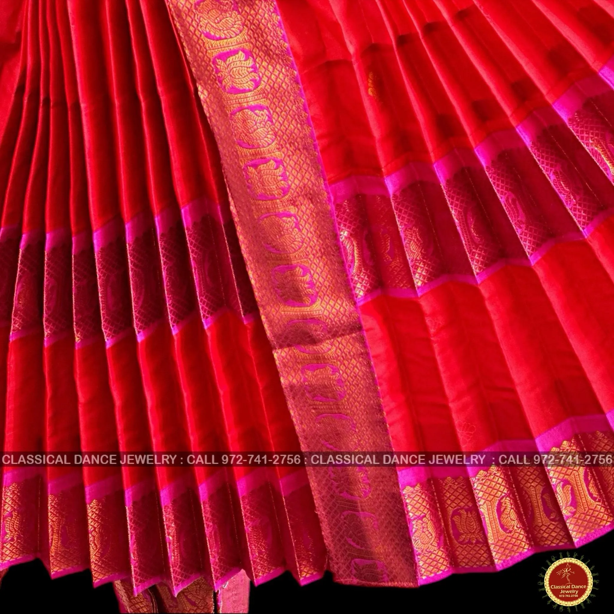 RED PINK 38 Inch Pant length Kuchipudi Copper Zari Indian Dance Costume | Art Silk Dharmavaram Kanchi | Classical Dance Jewelry