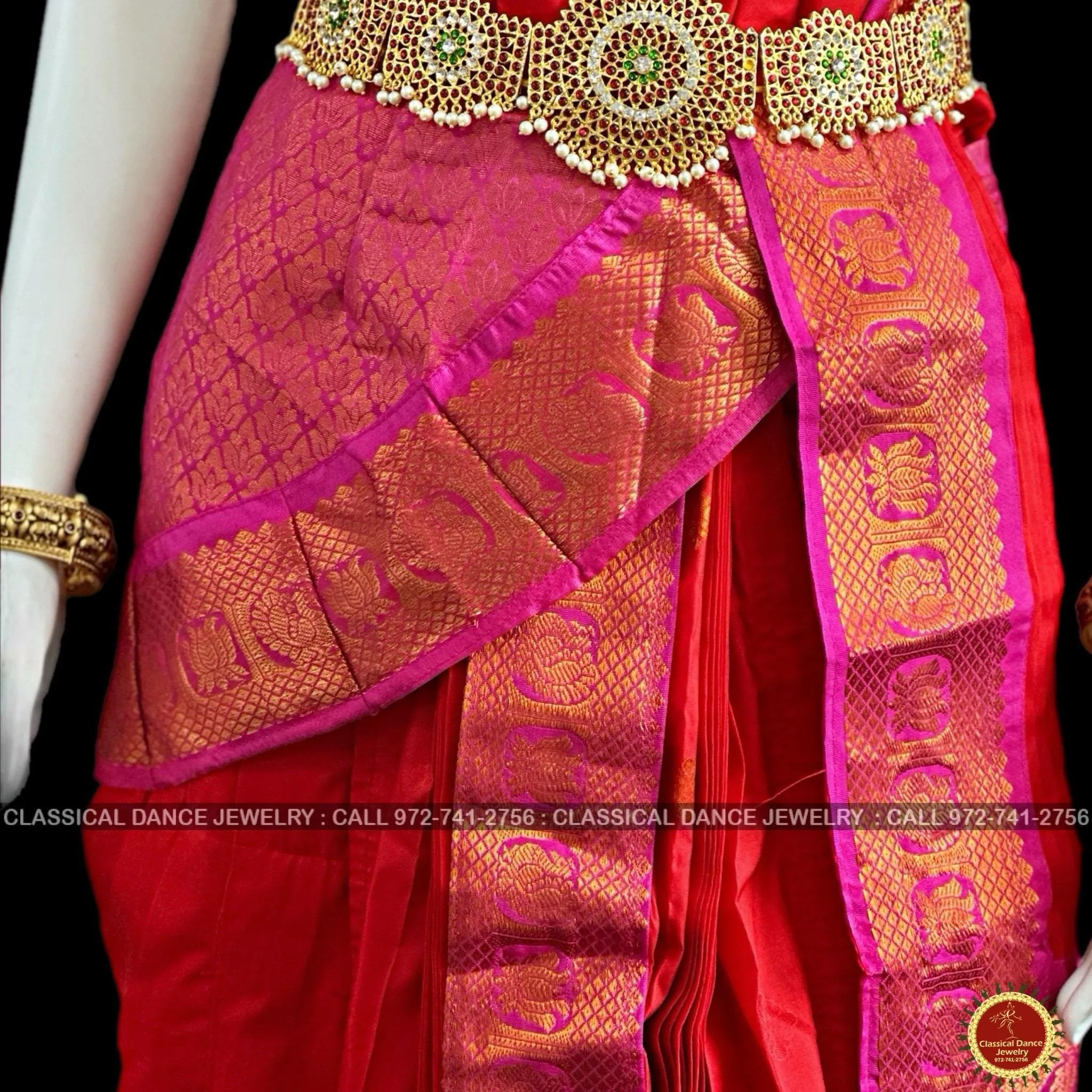 RED PINK 38 Inch Pant length Kuchipudi Copper Zari Indian Dance Costume | Art Silk Dharmavaram Kanchi | Classical Dance Jewelry