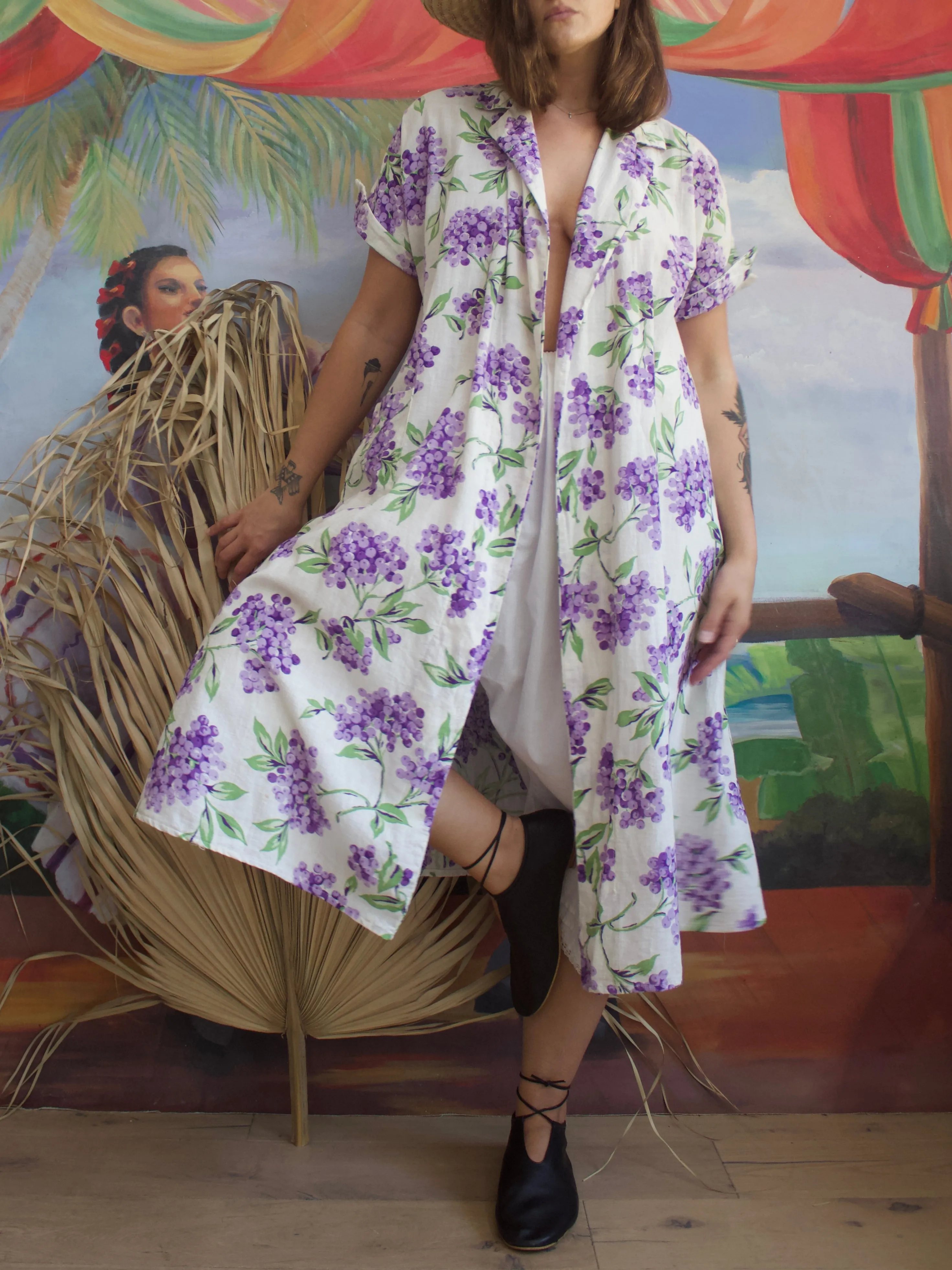 RESERVED 1930s Grape Printed Linen Open Front Duster