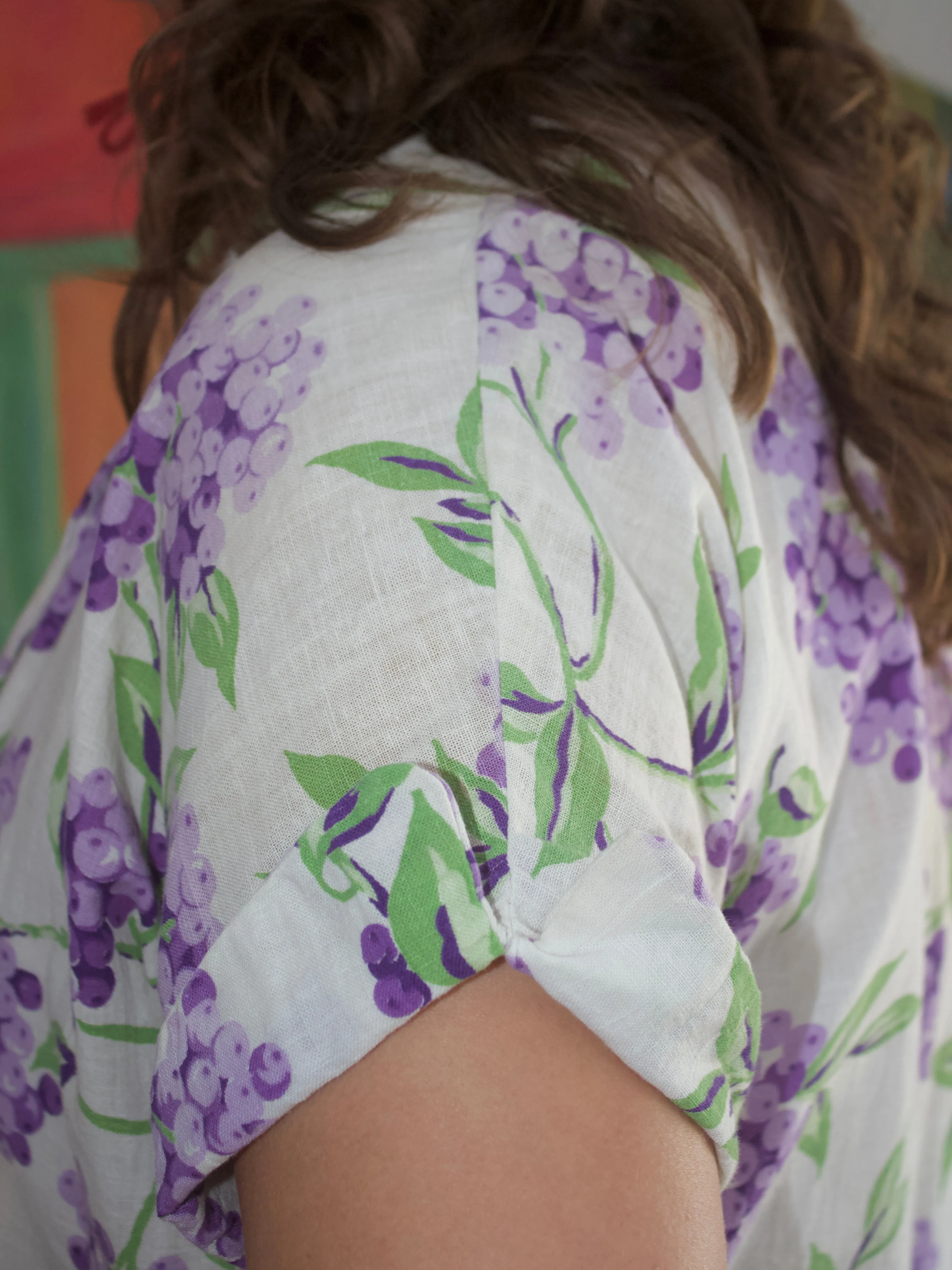 RESERVED 1930s Grape Printed Linen Open Front Duster