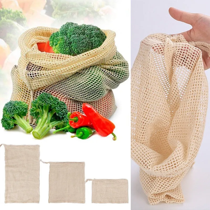 Reusable Cotton Mesh Vegetable Storage Bag  with Drawstring