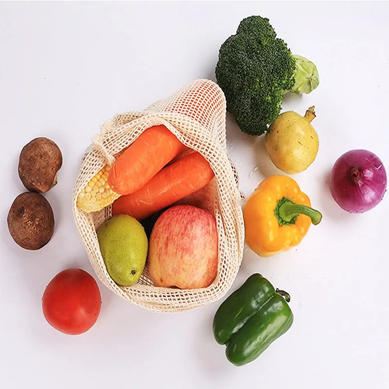 Reusable Cotton Mesh Vegetable Storage Bag  with Drawstring