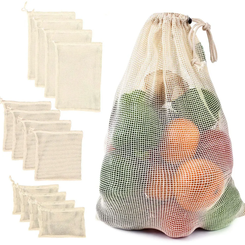 Reusable Cotton Mesh Vegetable Storage Bag  with Drawstring