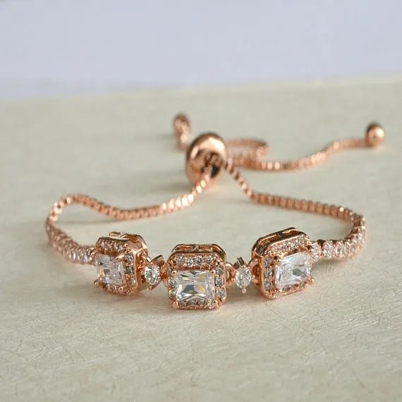 Rose Gold Halo Square Crystal Bridal Bracelet, CZ Crystal Wedding Bracelet, Bangle Bracelet, Adjustable Slide Bracelet, Bridesmaid Bracelet