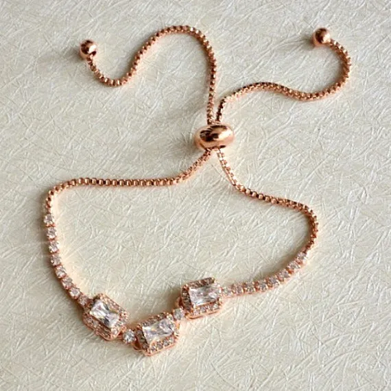 Rose Gold Halo Square Crystal Bridal Bracelet, CZ Crystal Wedding Bracelet, Bangle Bracelet, Adjustable Slide Bracelet, Bridesmaid Bracelet