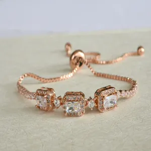 Rose Gold Halo Square Crystal Bridal Bracelet, CZ Crystal Wedding Bracelet, Bangle Bracelet, Adjustable Slide Bracelet, Bridesmaid Bracelet