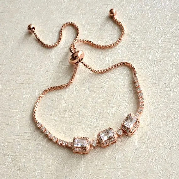 Rose Gold Halo Square Crystal Bridal Bracelet, CZ Crystal Wedding Bracelet, Bangle Bracelet, Adjustable Slide Bracelet, Bridesmaid Bracelet
