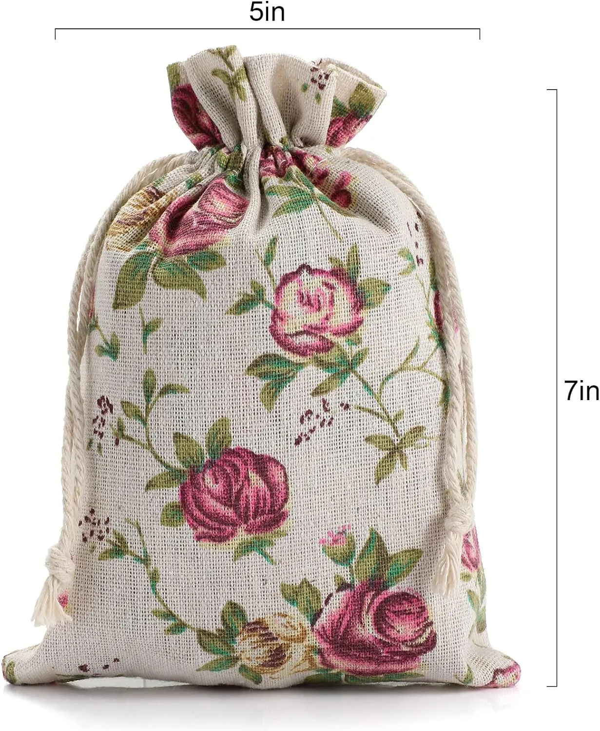 Rose Printed Burlap Bags with Drawstring
