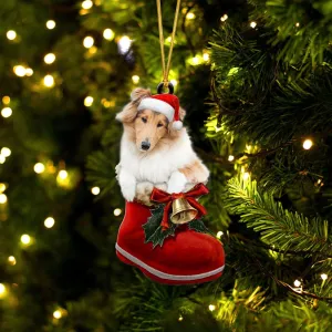 Rough Collie-In Santa Boot Christmas-Two Sided Ornament