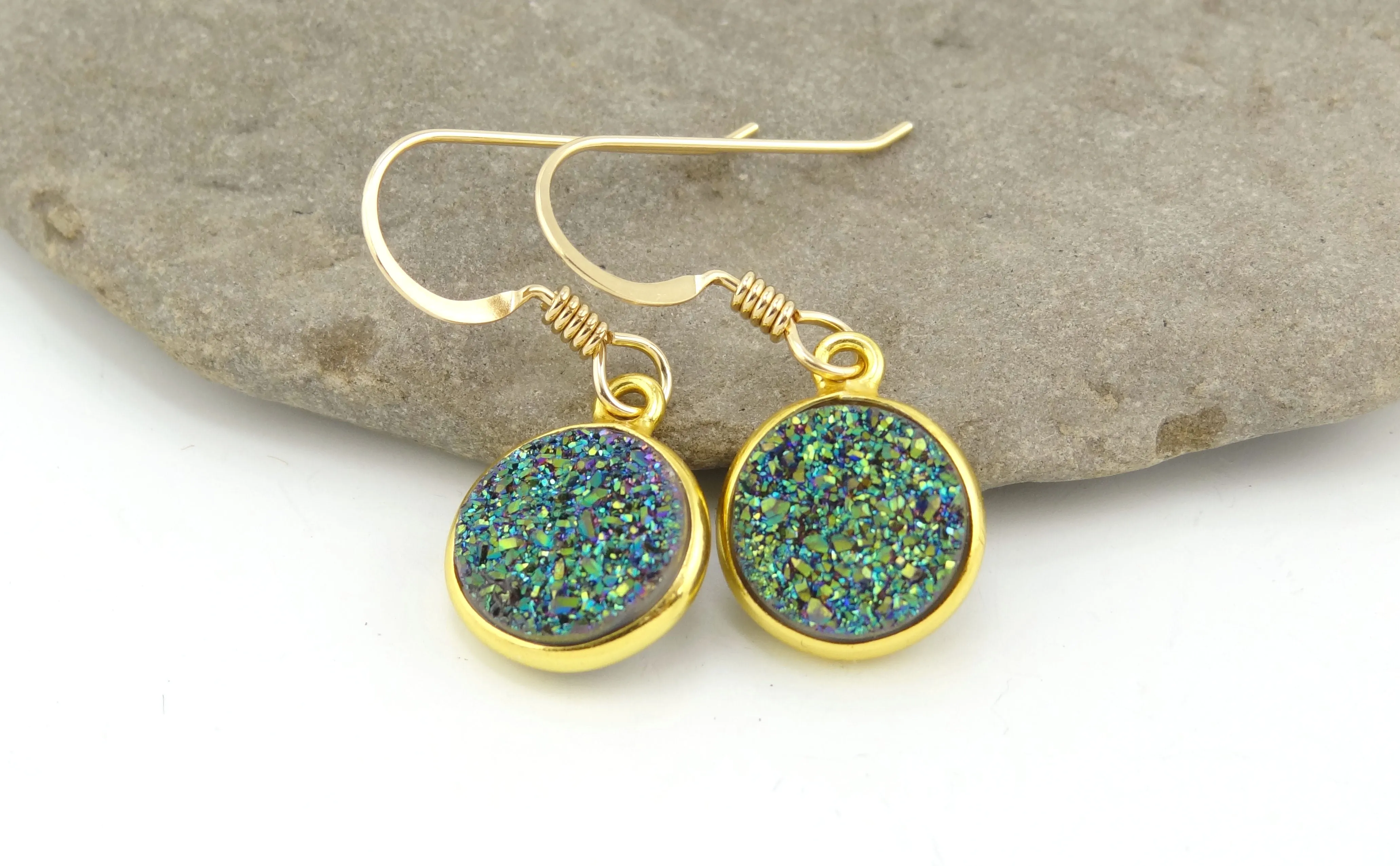 Round Druzy Earrings Iridescent Green With Gold Trim