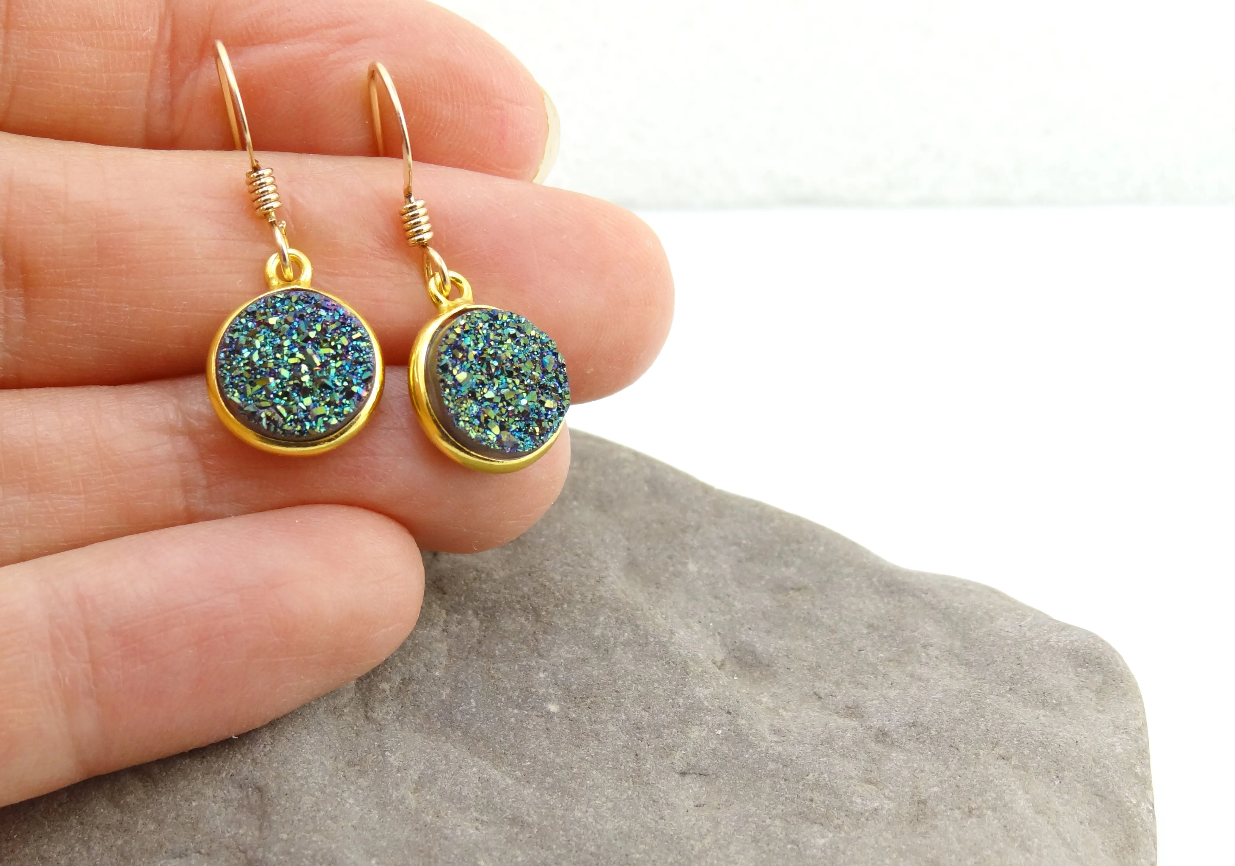 Round Druzy Earrings Iridescent Green With Gold Trim