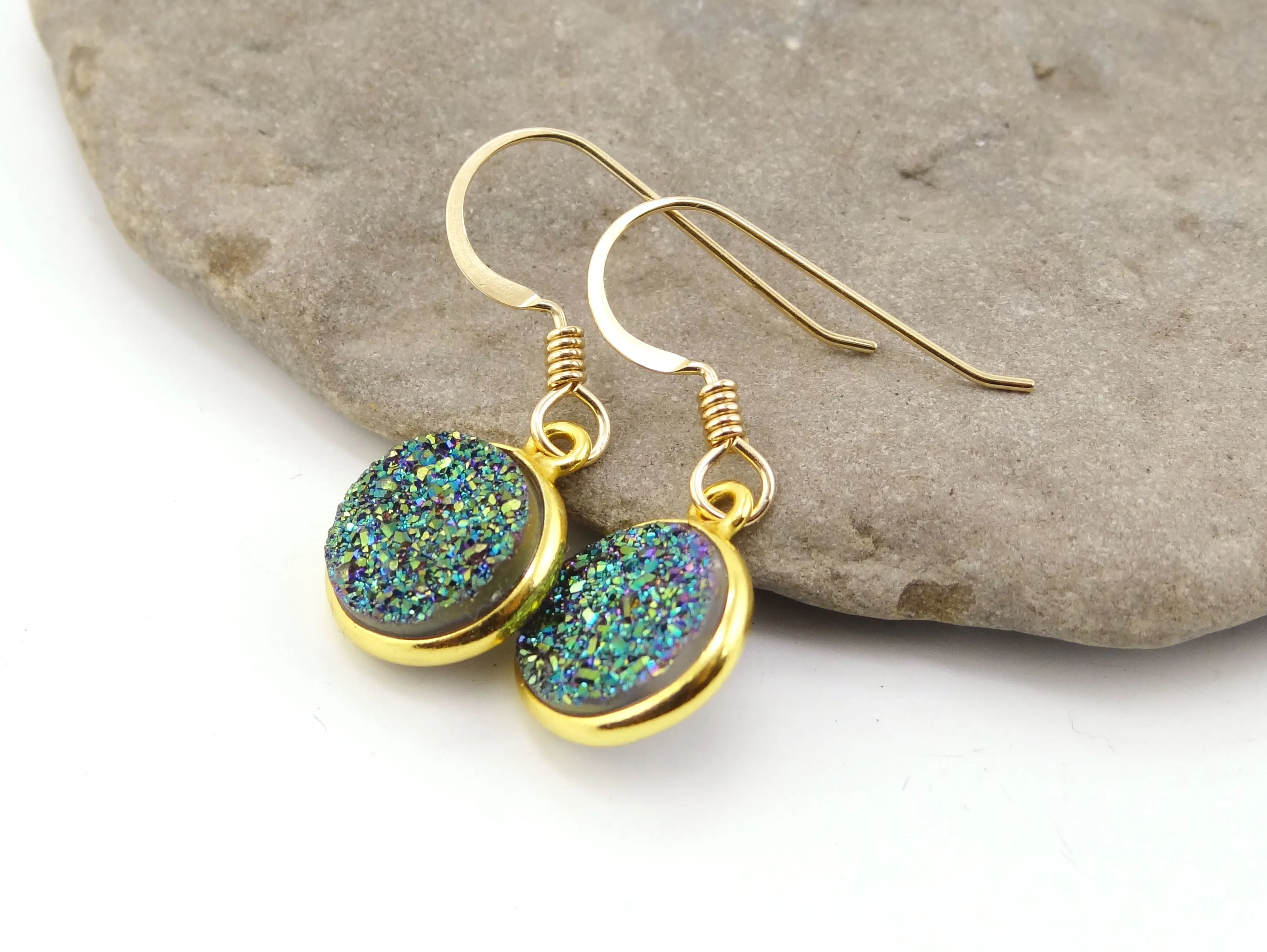 Round Druzy Earrings Iridescent Green With Gold Trim