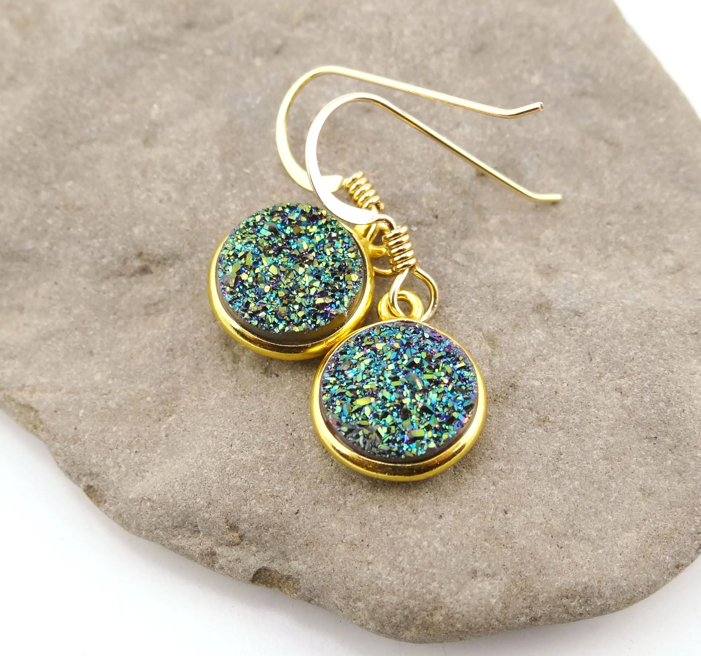 Round Druzy Earrings Iridescent Green With Gold Trim