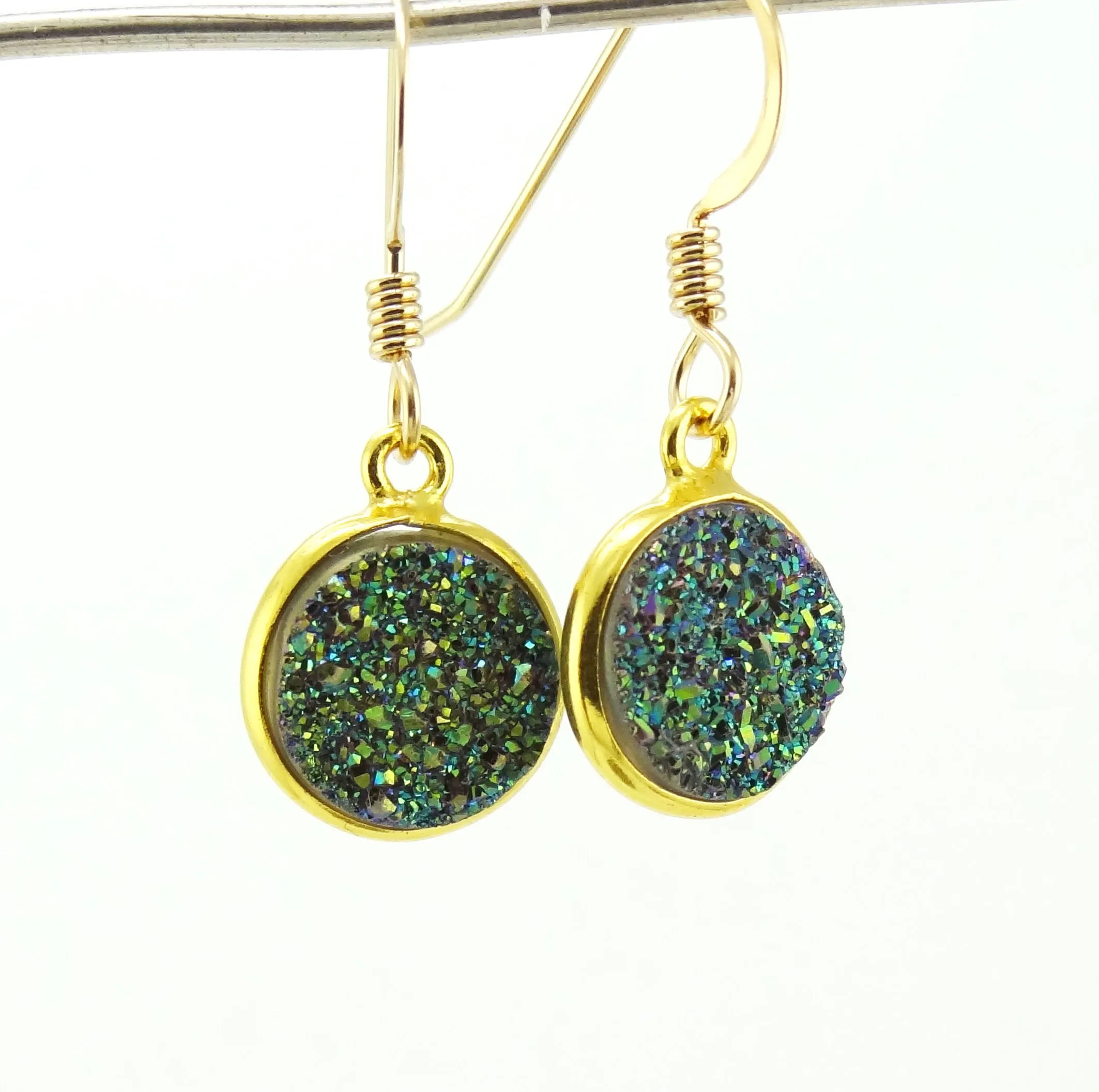 Round Druzy Earrings Iridescent Green With Gold Trim