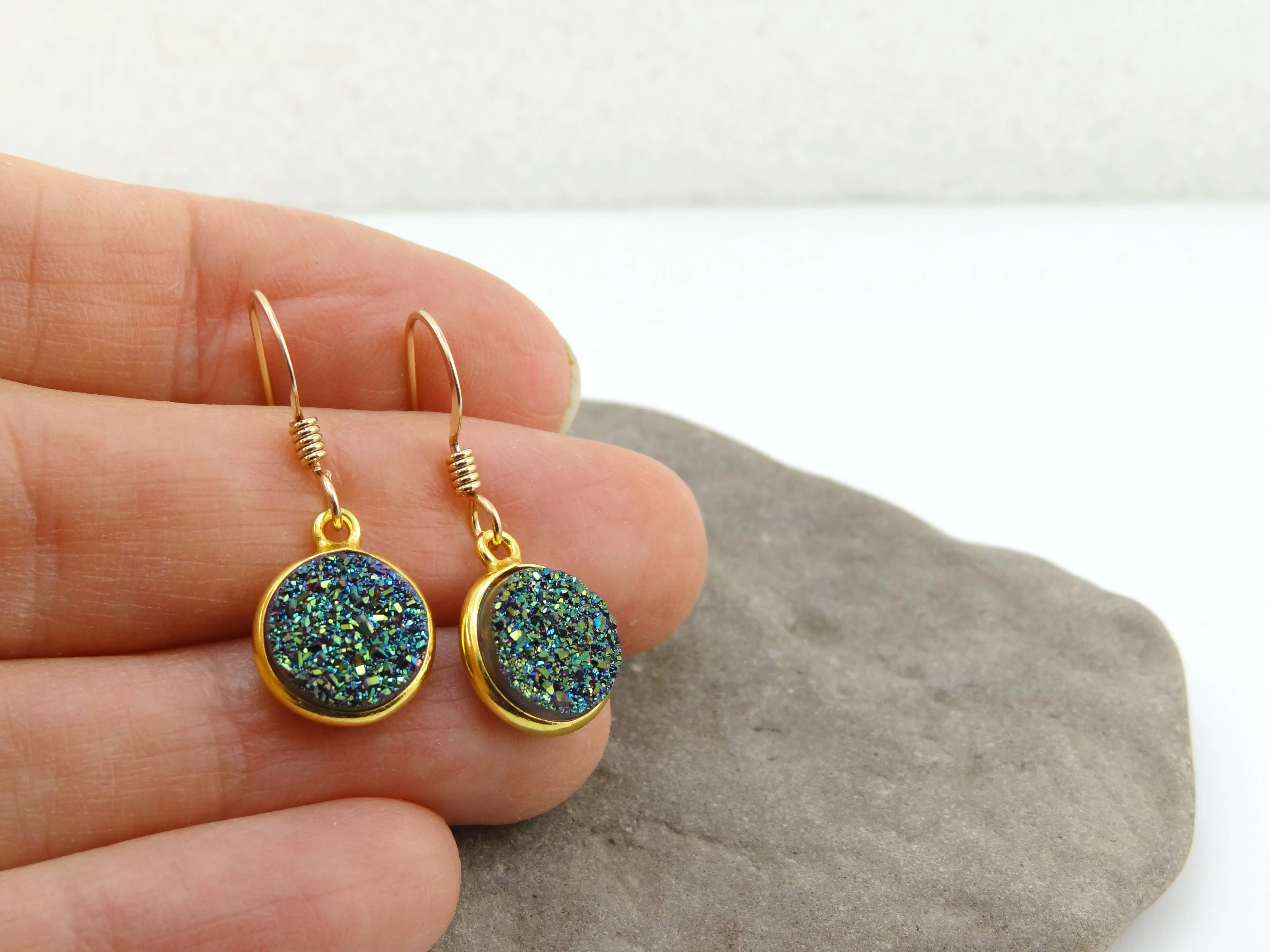 Round Druzy Earrings Iridescent Green With Gold Trim