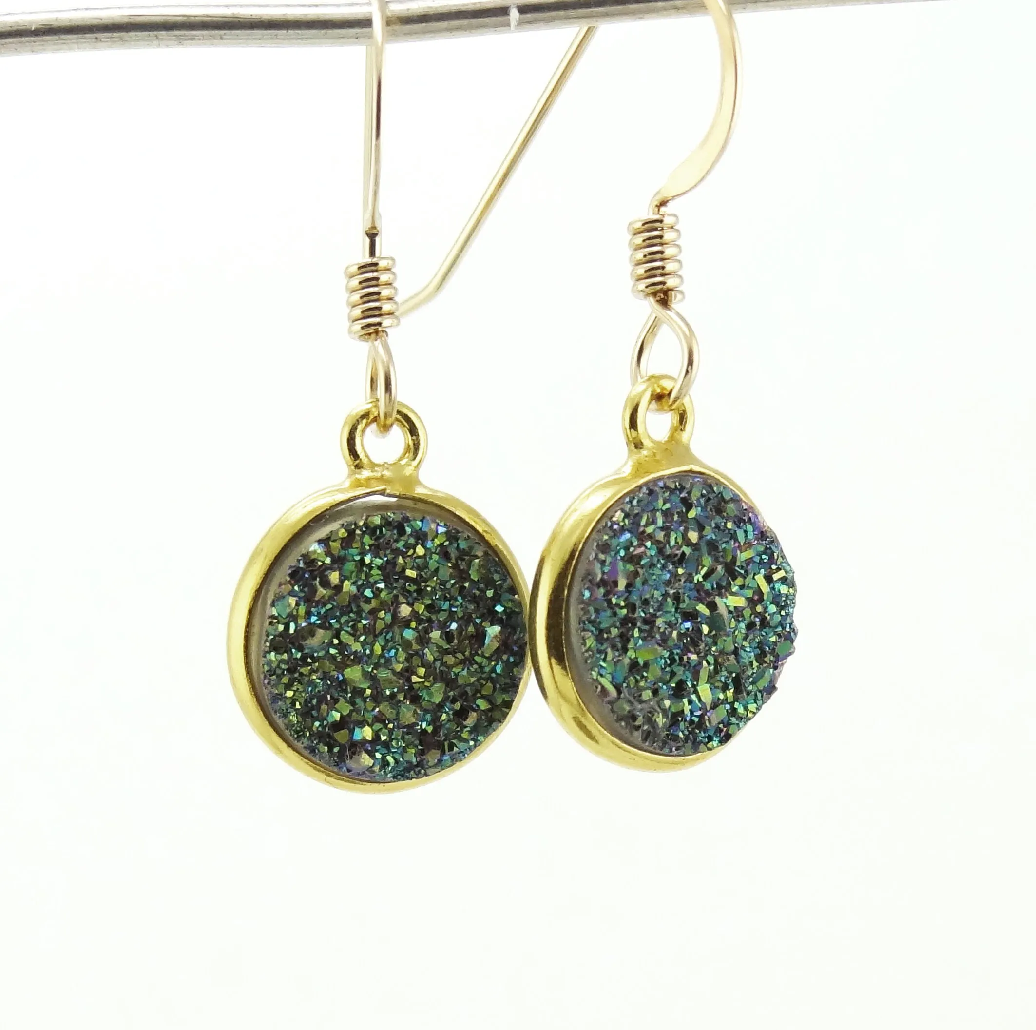 Round Druzy Earrings Iridescent Green With Gold Trim