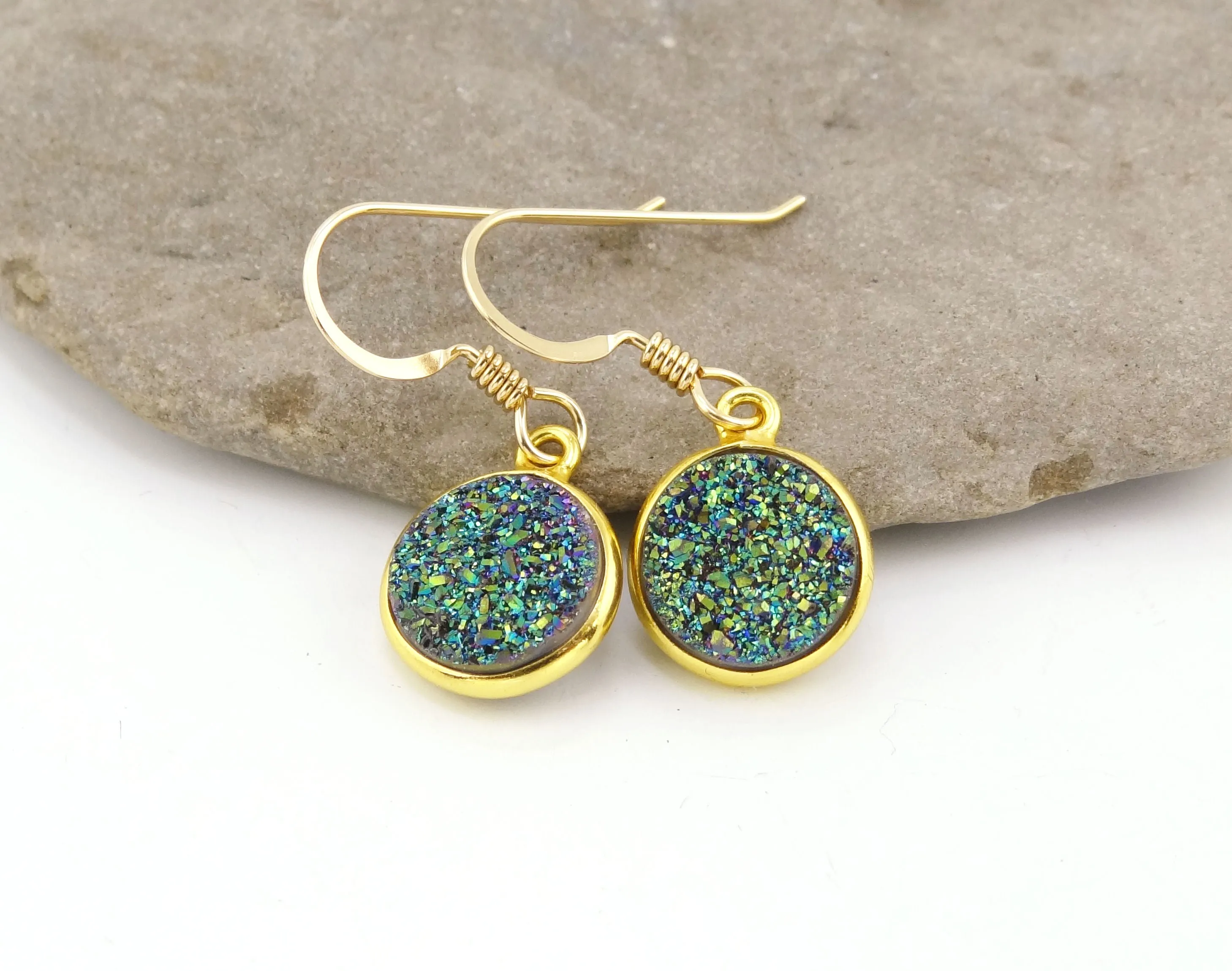 Round Druzy Earrings Iridescent Green With Gold Trim