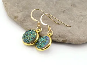 Round Druzy Earrings Iridescent Green With Gold Trim