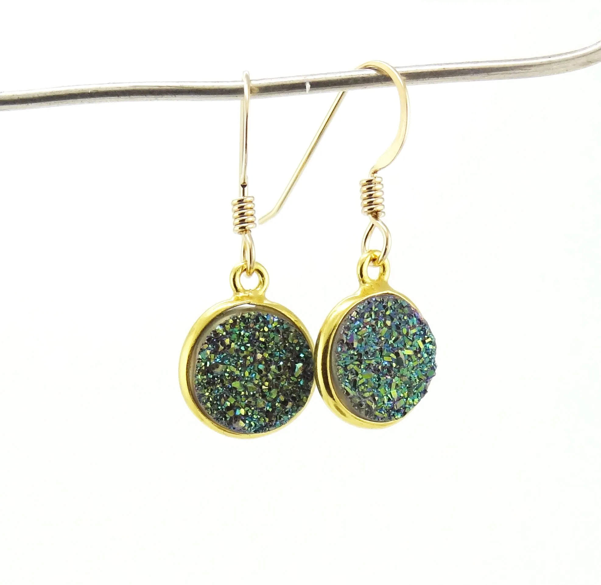 Round Druzy Earrings Iridescent Green With Gold Trim