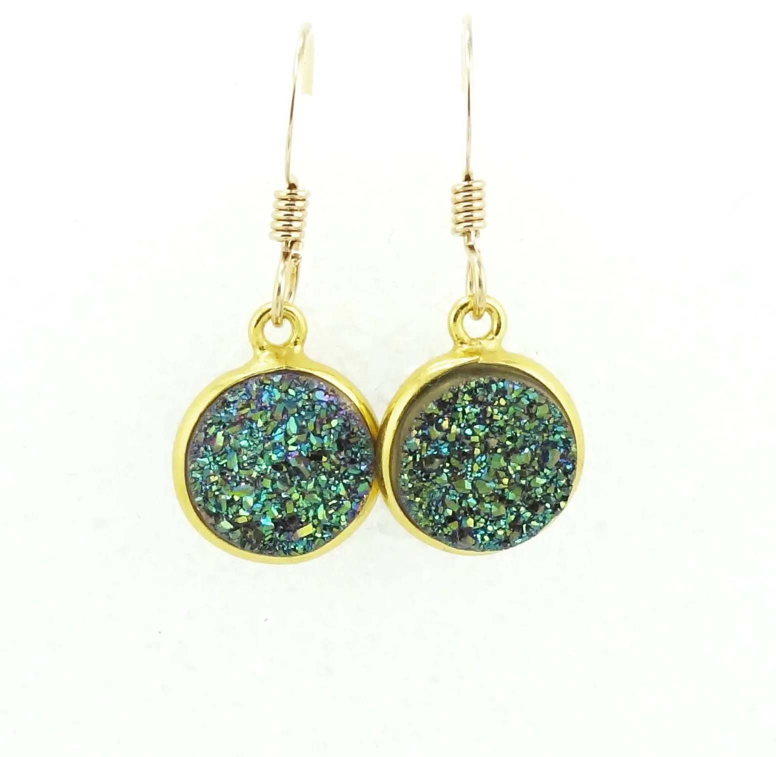 Round Druzy Earrings Iridescent Green With Gold Trim