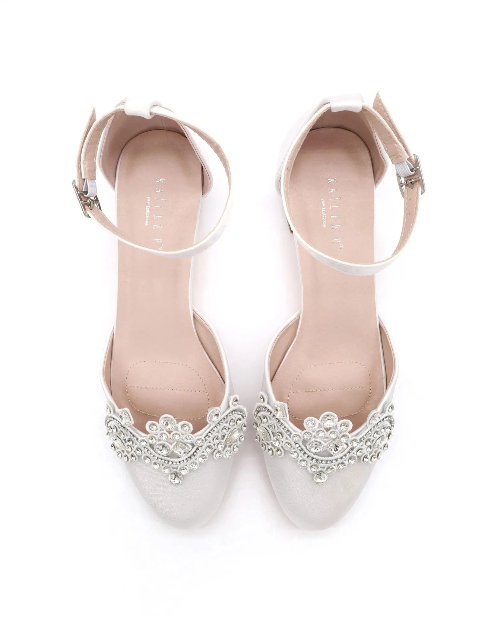 Round Toe Satin Block Heel with Small Rhinestones Applique