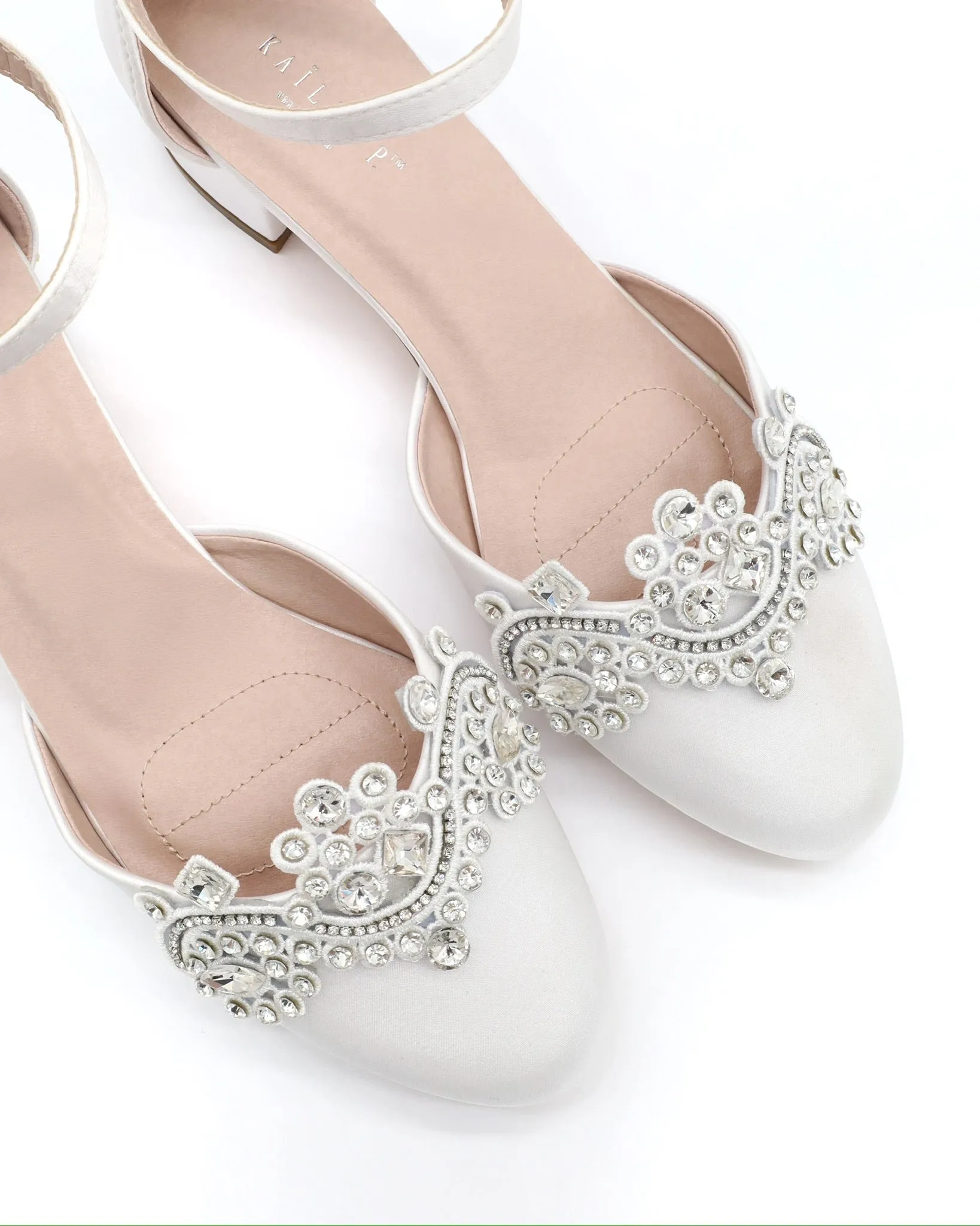 Round Toe Satin Block Heel with Small Rhinestones Applique