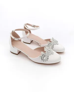 Round Toe Satin Block Heel with Small Rhinestones Applique