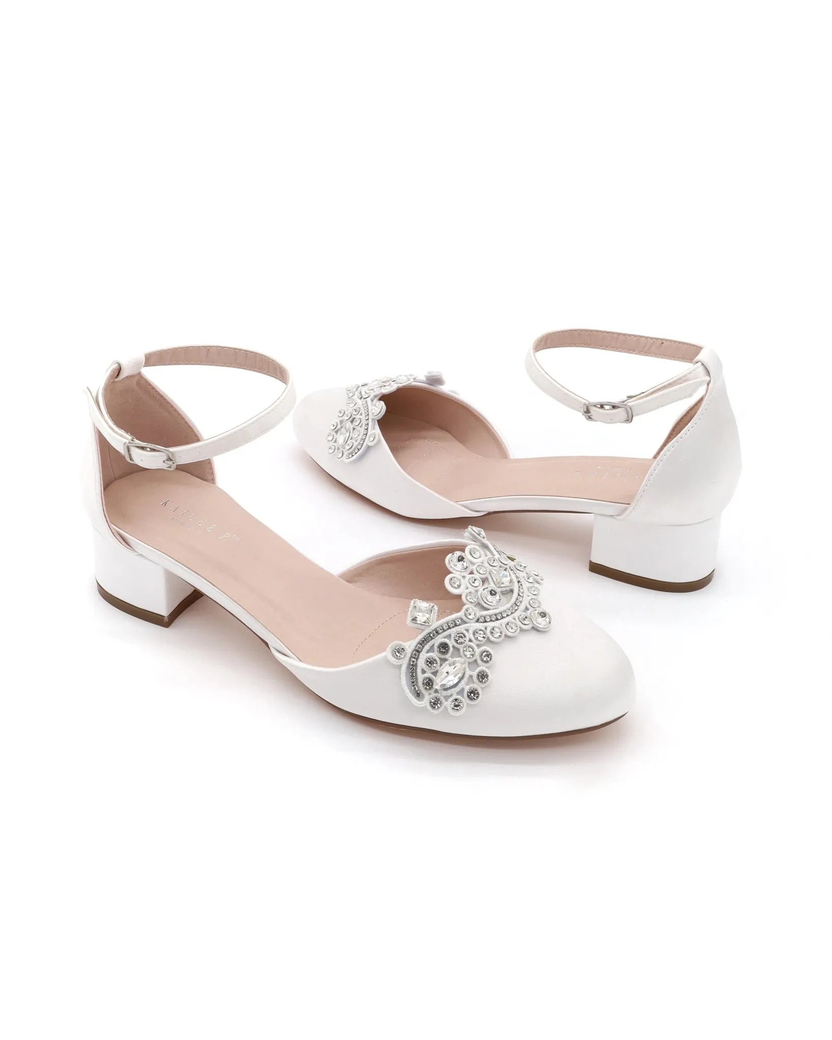 Round Toe Satin Block Heel with Small Rhinestones Applique