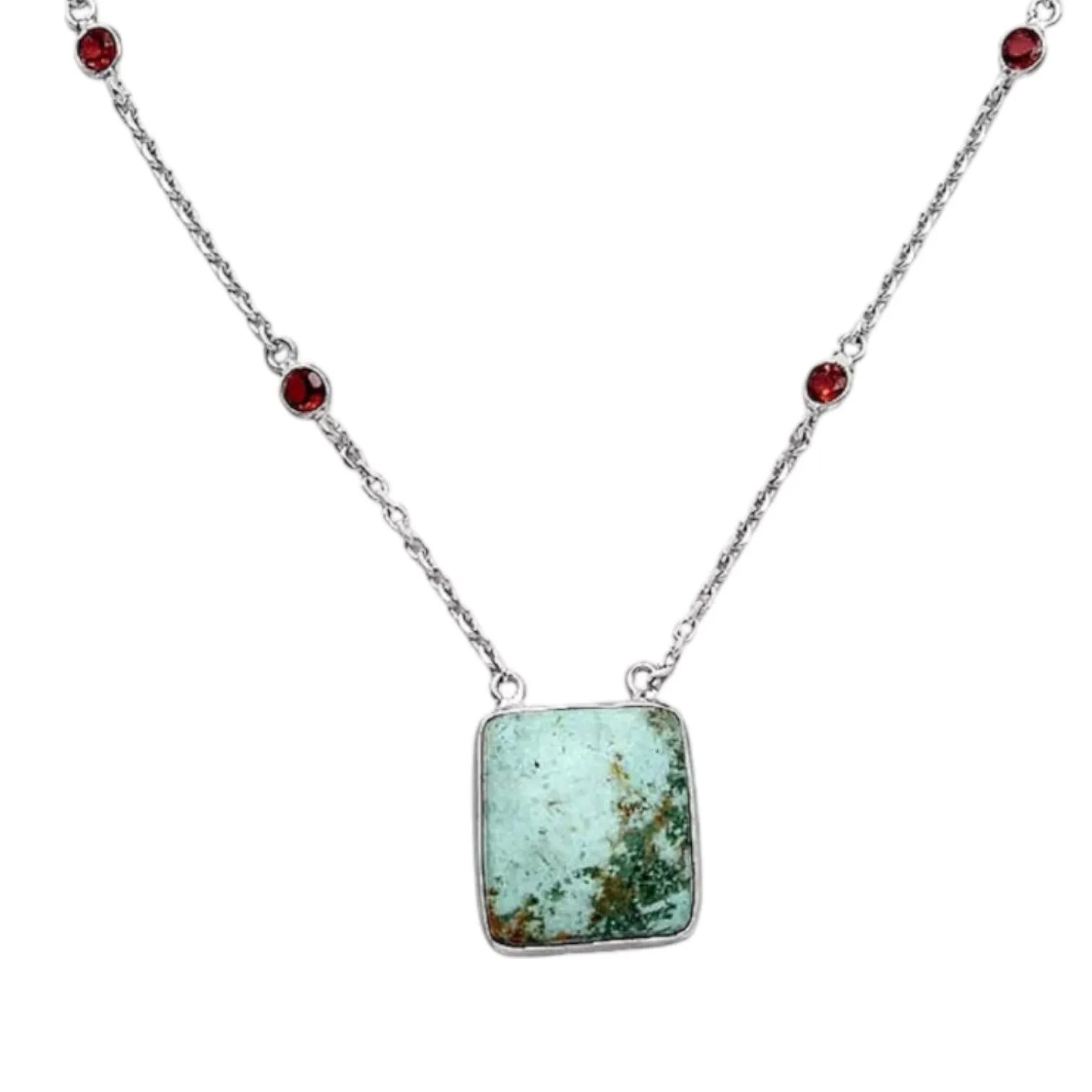 Royston Turquoise & Garnet Solid 925 Sterling Silver Necklace