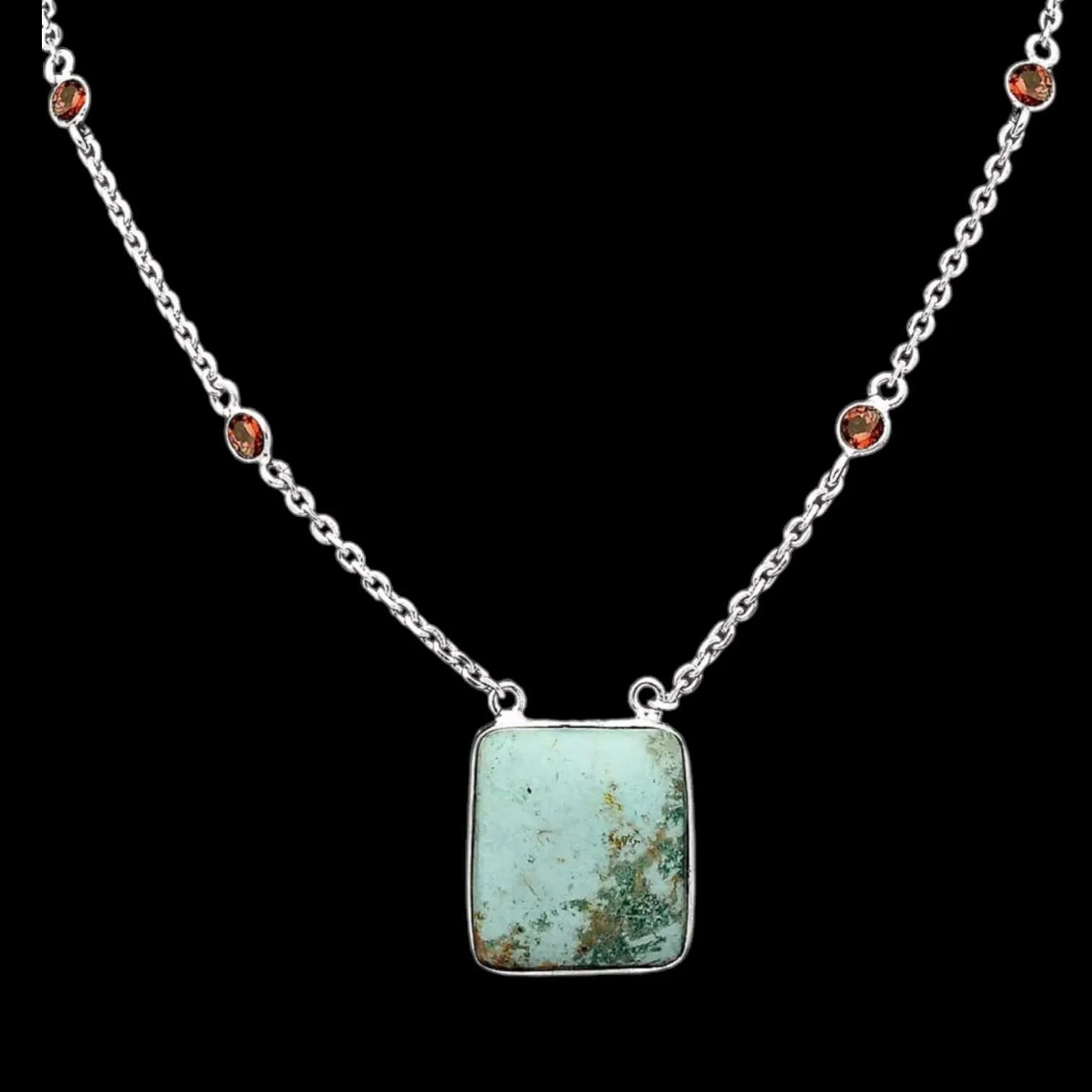 Royston Turquoise & Garnet Solid 925 Sterling Silver Necklace