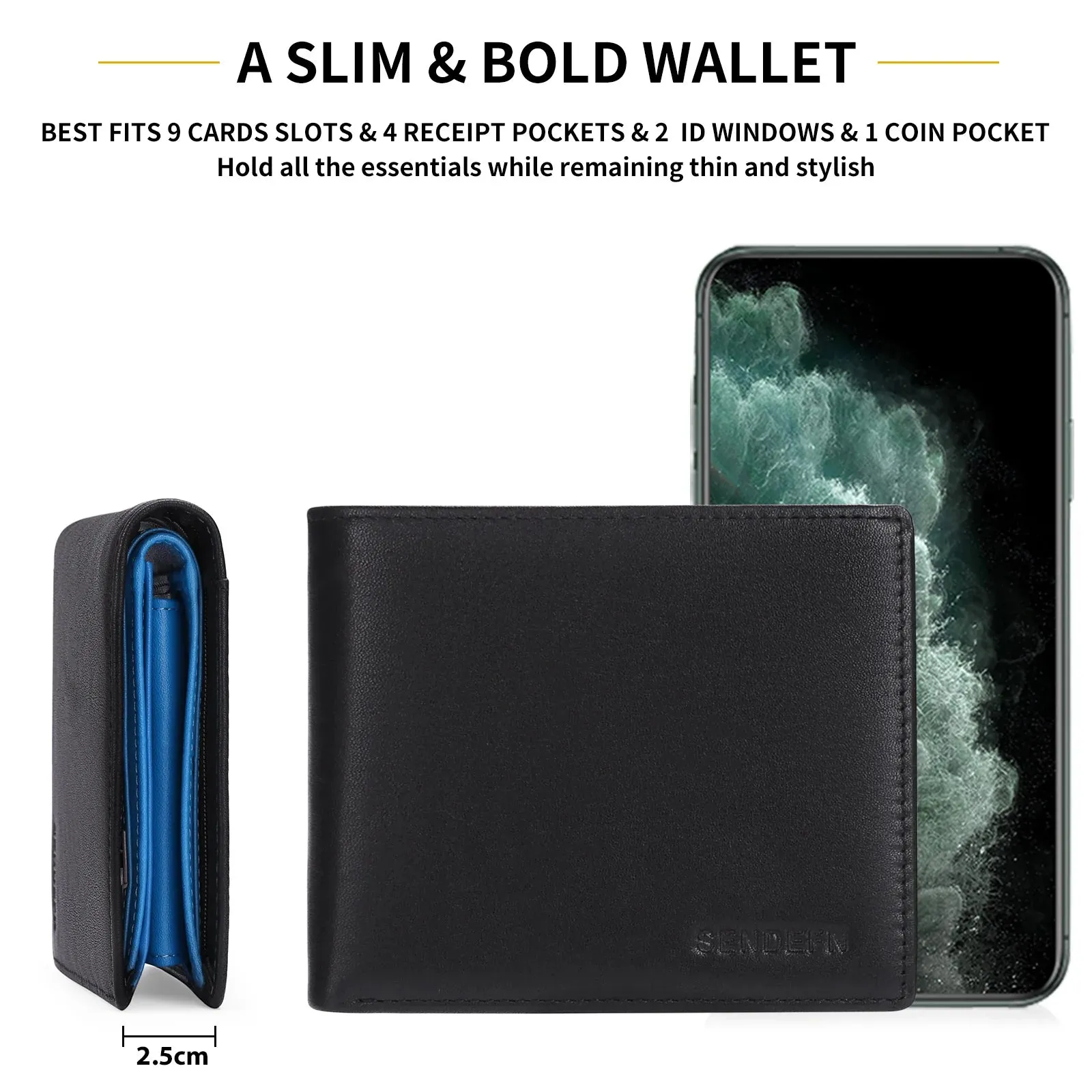 SENDEFN Slim Leather Smart Wallet with RFID Blocking