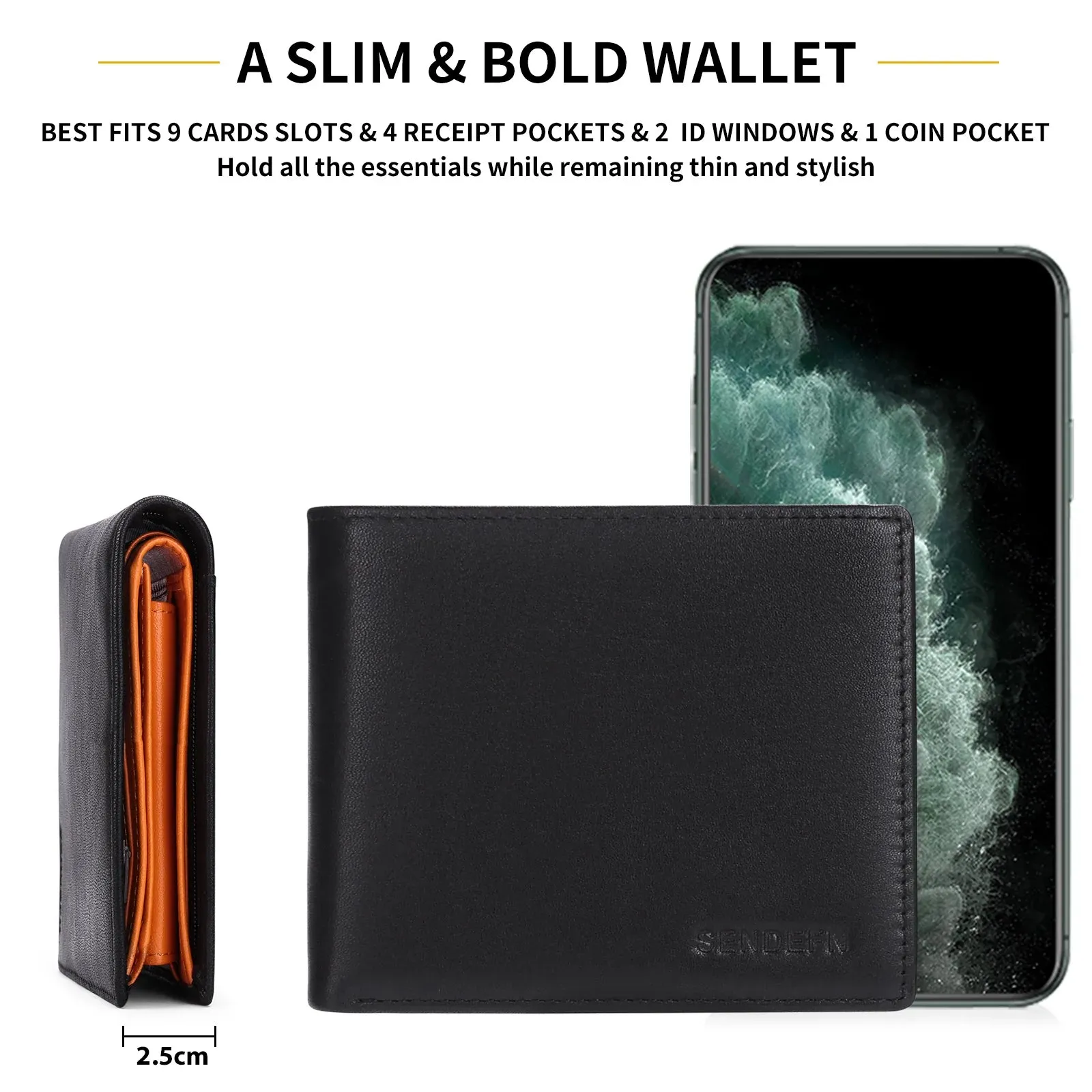 SENDEFN Slim Leather Smart Wallet with RFID Blocking