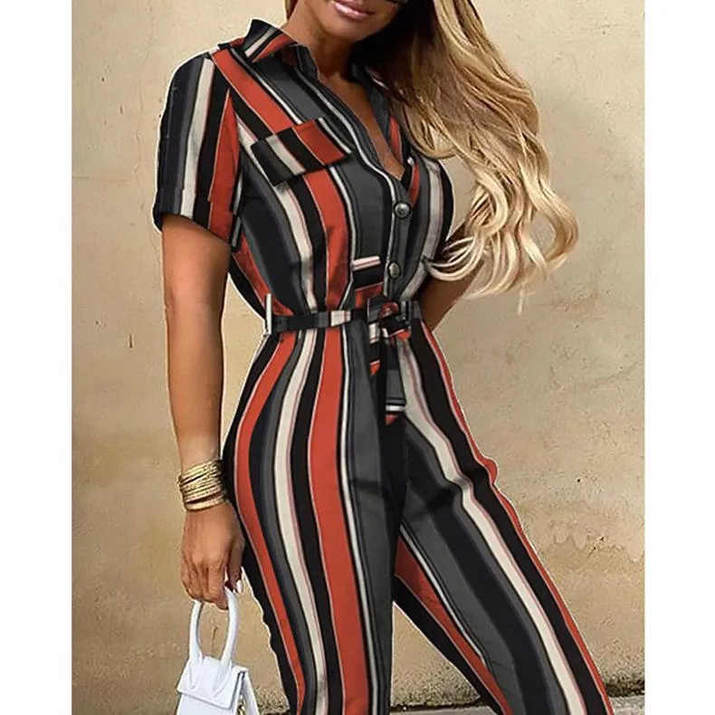 Short Sleeve High Waist Printed Long Jumpsuit