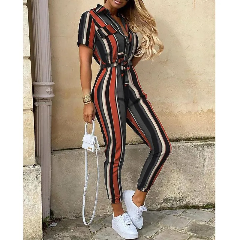 Short Sleeve High Waist Printed Long Jumpsuit