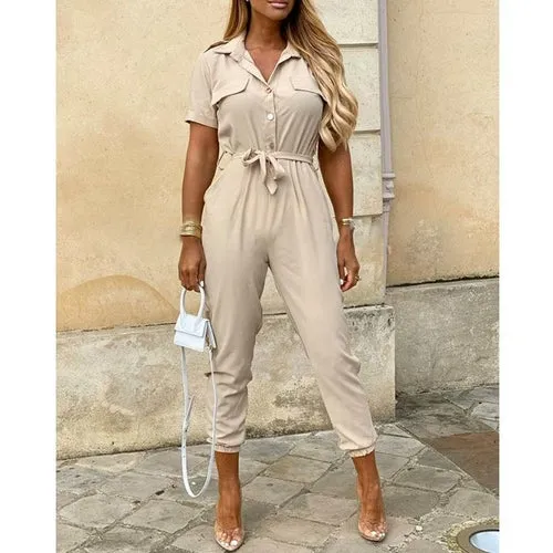 Short Sleeve High Waist Printed Long Jumpsuit