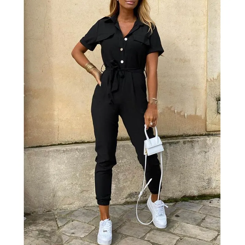 Short Sleeve High Waist Printed Long Jumpsuit