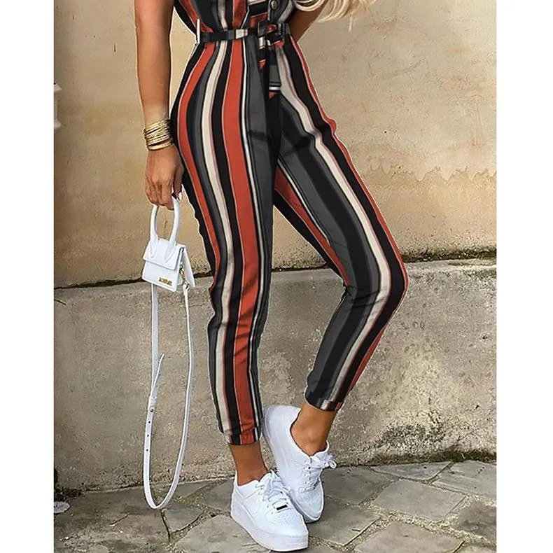 Short Sleeve High Waist Printed Long Jumpsuit