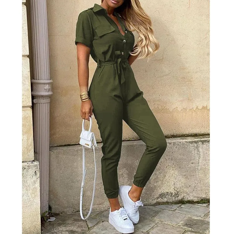 Short Sleeve High Waist Printed Long Jumpsuit