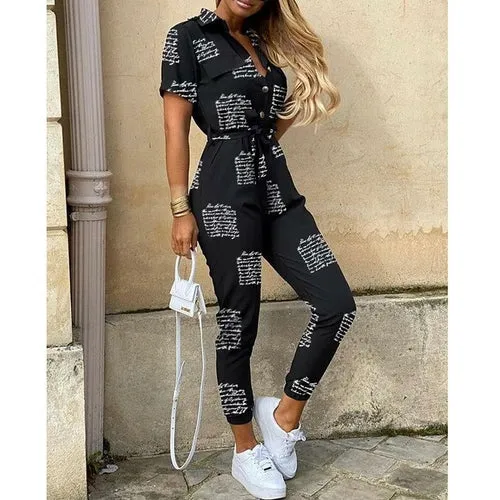 Short Sleeve High Waist Printed Long Jumpsuit