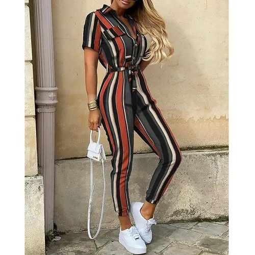 Short Sleeve High Waist Printed Long Jumpsuit