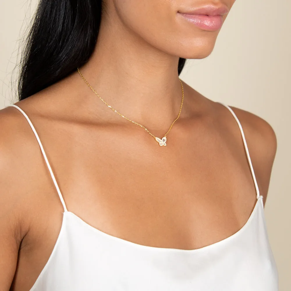 Small Pavé X Baguette Butterfly Necklace