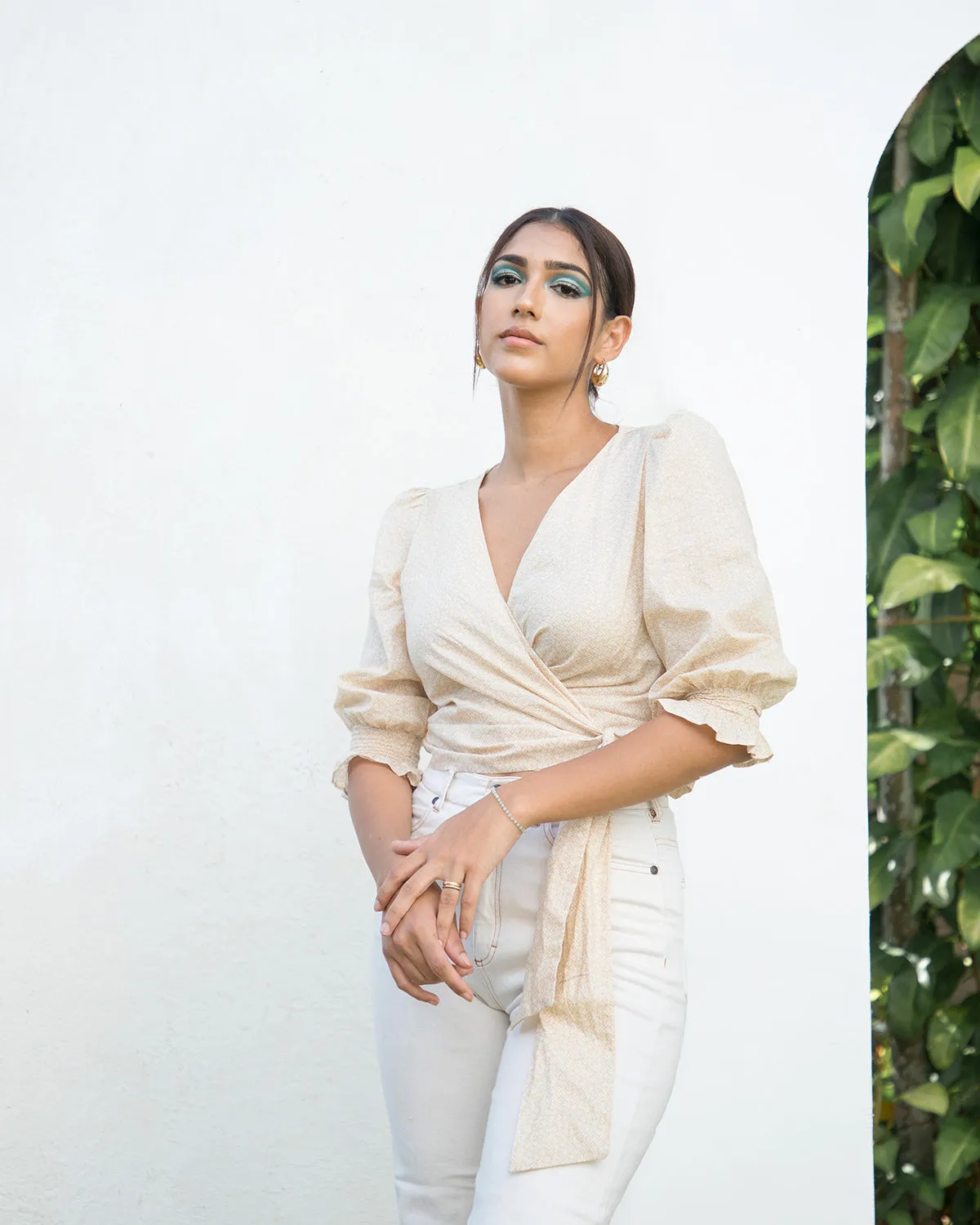 Smocked Detailed Wrap Tie Up Top