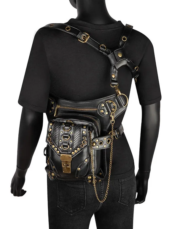 Steampunk Lolita Handbag Black PU Leather Metal Details Waist Pack Gothic Lolita Accessories