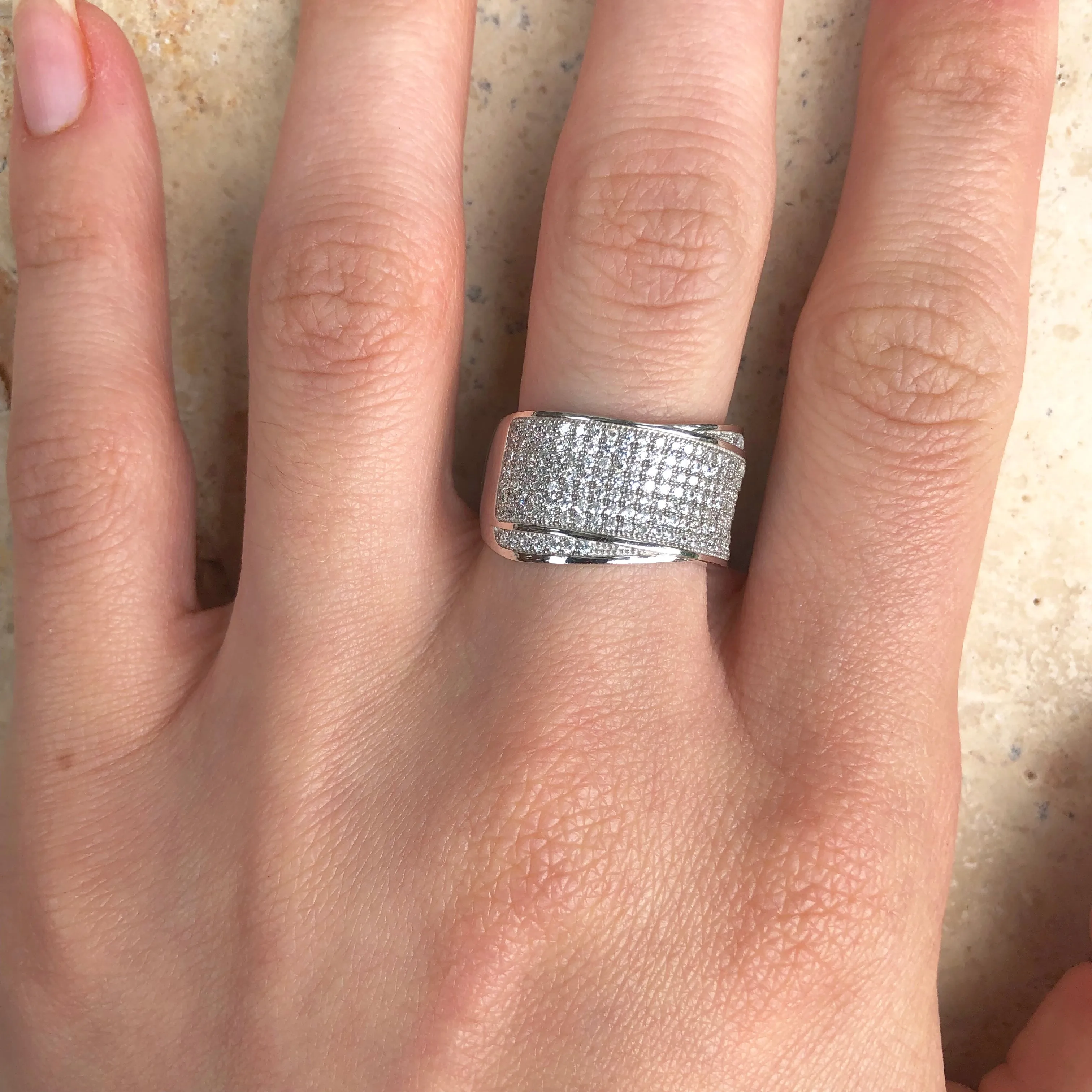 Sterling Silver Pave CZ Multi-Level Cigar Band Ring