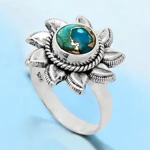 SUN Kingman Teal copper Turquoise Solid 925 Sterling Silver Ring 6