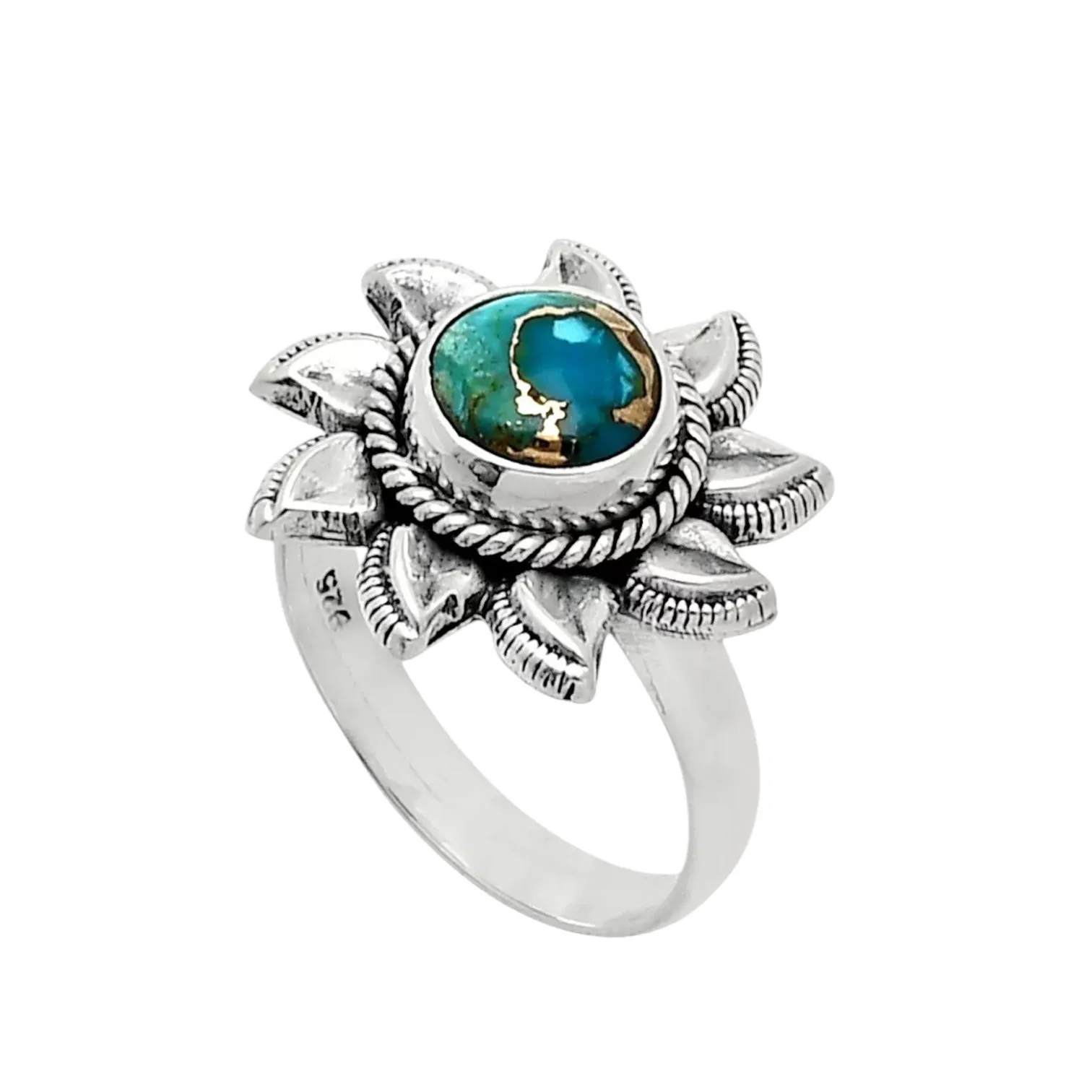SUN Kingman Teal copper Turquoise Solid 925 Sterling Silver Ring 6