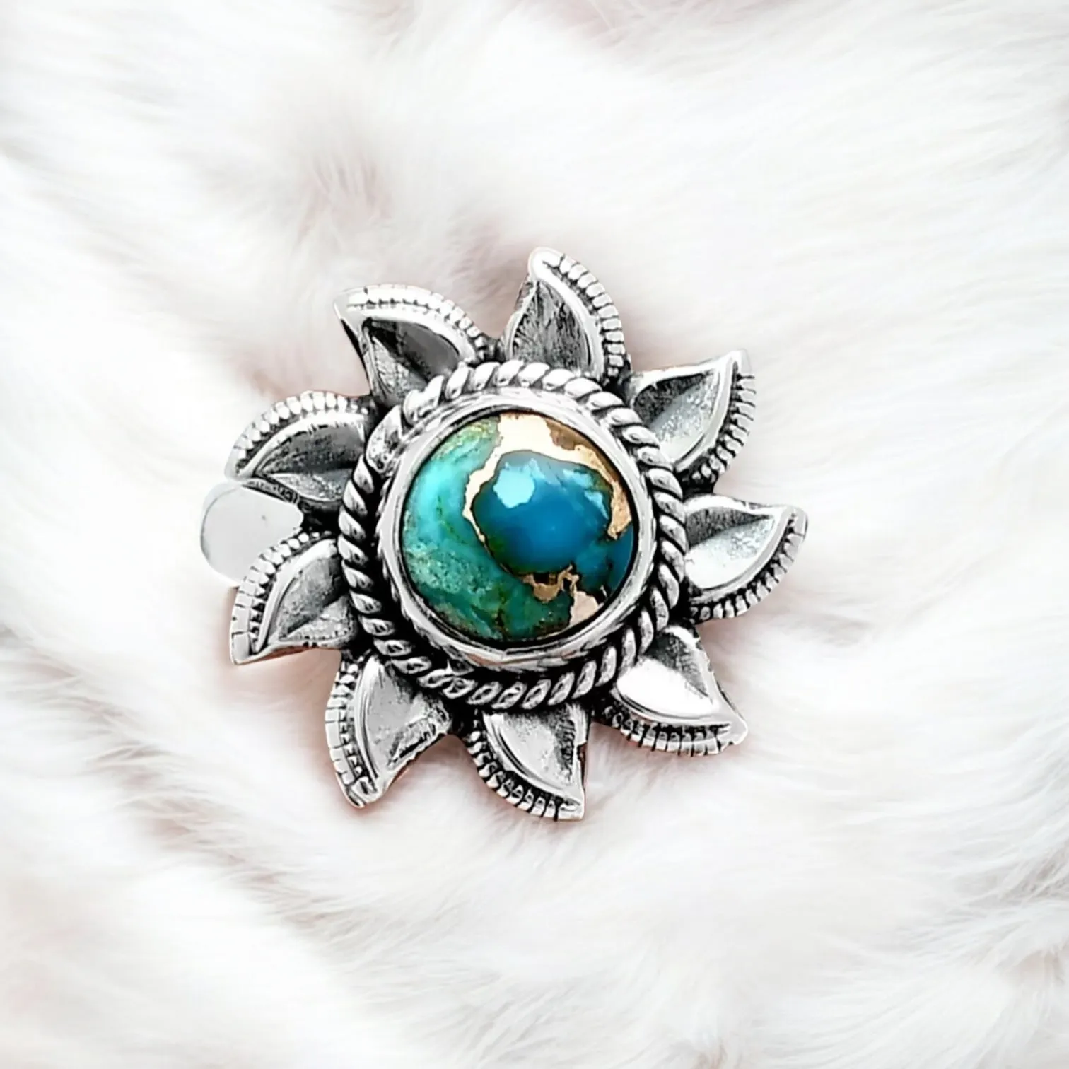 SUN Kingman Teal copper Turquoise Solid 925 Sterling Silver Ring 6
